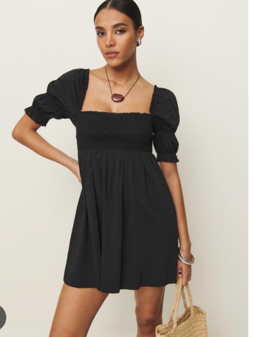 Reformation Dione Black Smocked Square-Neck Mini Dress with Puff Sleeves
